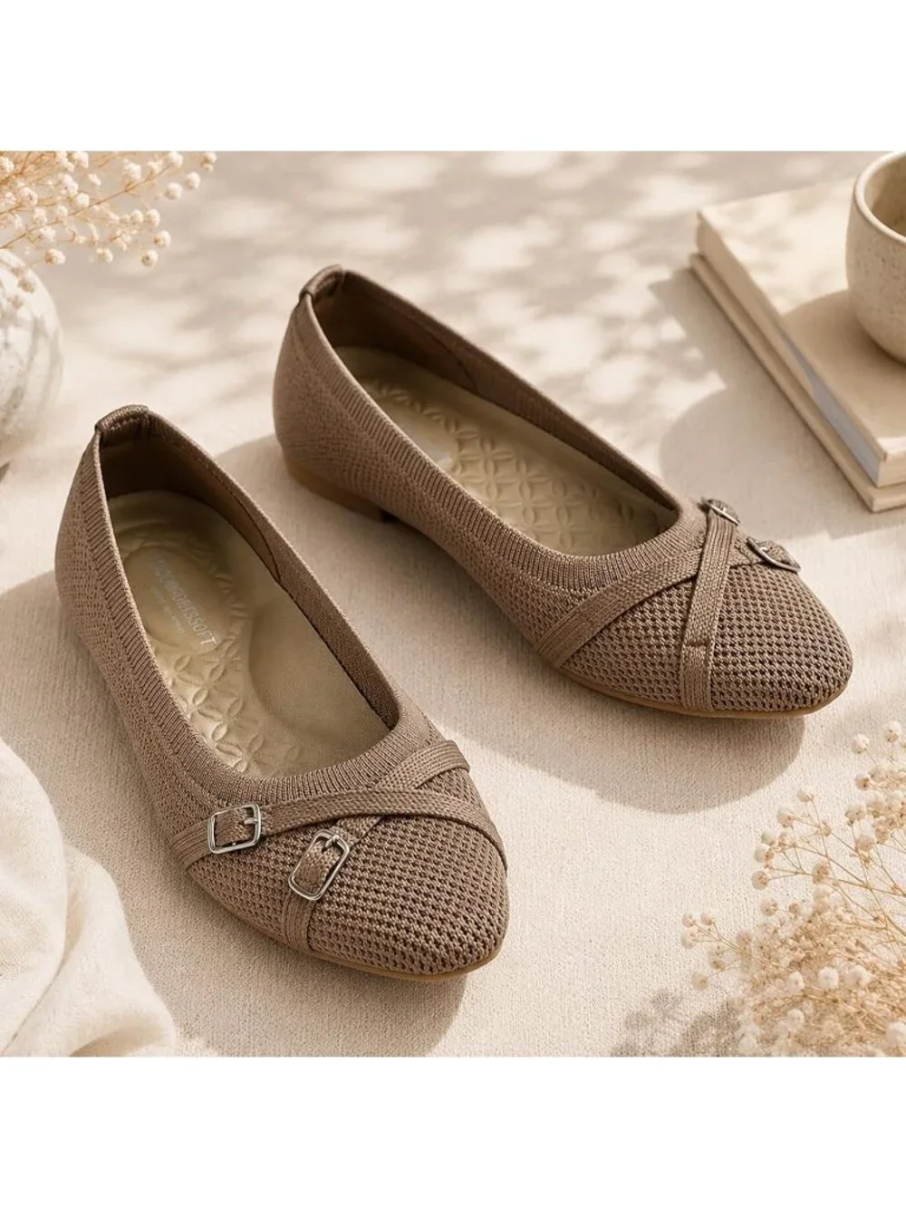 Women's Beige Ballet Flats Dress For Work Business Casual Buckle Comfort Shoes